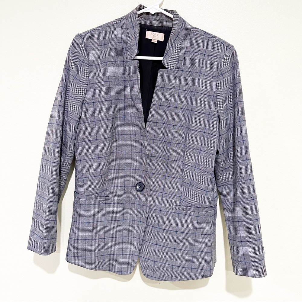 Loft Single Breasted Blazer Size 12P Shoulder Pads Plaid